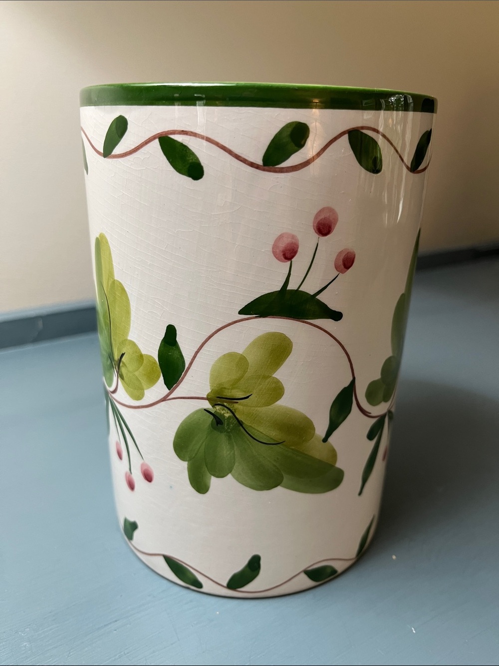 Hand-Painted Floral Ceramic Utensil Holder — Green & Pink